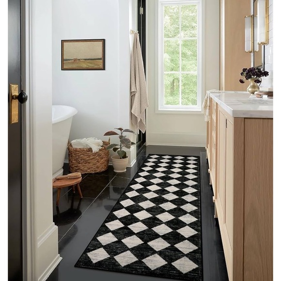 🆕 MC Style Rug Black & Ivory Check Checker Plaid 2’ x 8’ WASHABLE Long Runner - Picture 3 of 10